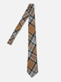 The Brown Ikat Twill Check Tie is displayed on a white background. The tie features a brown, black, white, and red plaid pattern.