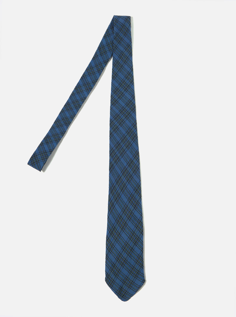 The Navy Picnic Plaid Tie on a white surface. The tie is blue with a dark green plaid pattern. The tie is laying diagonally.