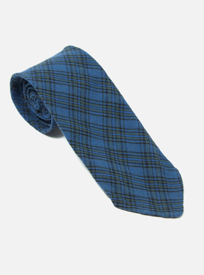 The Navy Picnic Plaid Tie, featuring a blue and green plaid pattern, is displayed on a white background. The tie is rolled up, showcasing its texture and design.