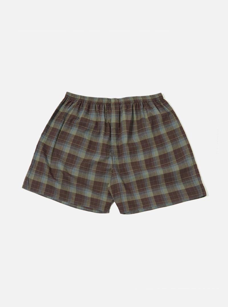 The Green Patchwork Madras Boxer Short laid flat on a white background. The shorts are plaid with green, brown, and blue colors.