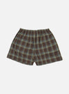 The Green Patchwork Madras Boxer Short laid flat on a white background. The shorts are plaid with green, brown, and blue colors.