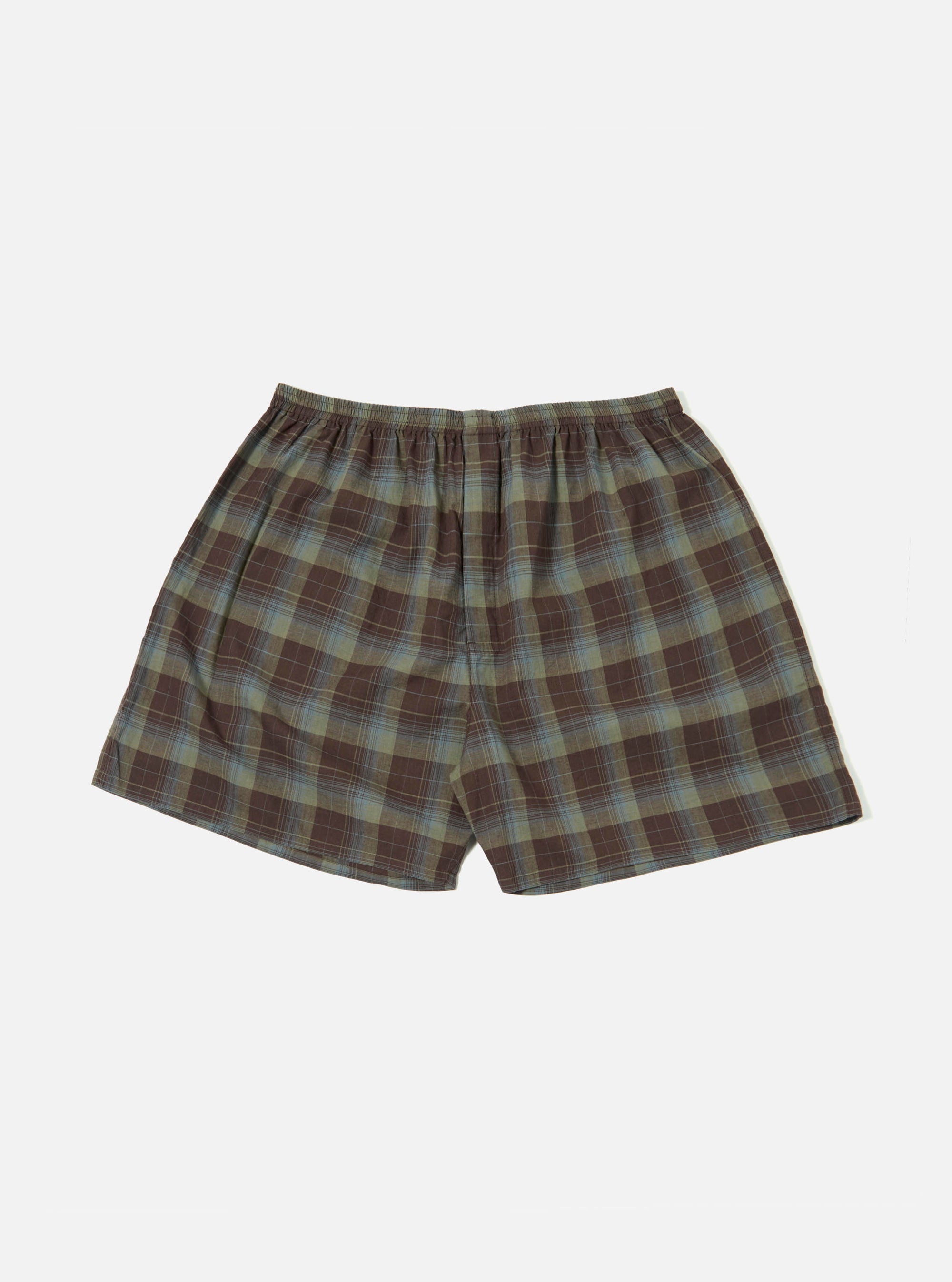 The Green Patchwork Madras Boxer Short laid flat on a white background. The shorts are plaid with green, brown, and blue colors.