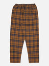 Flat lay of Caramel Twill Check Pyjama Pant on a white background. The pyjama pants are caramel with a navy and pink check pattern and have an elasticated waist.