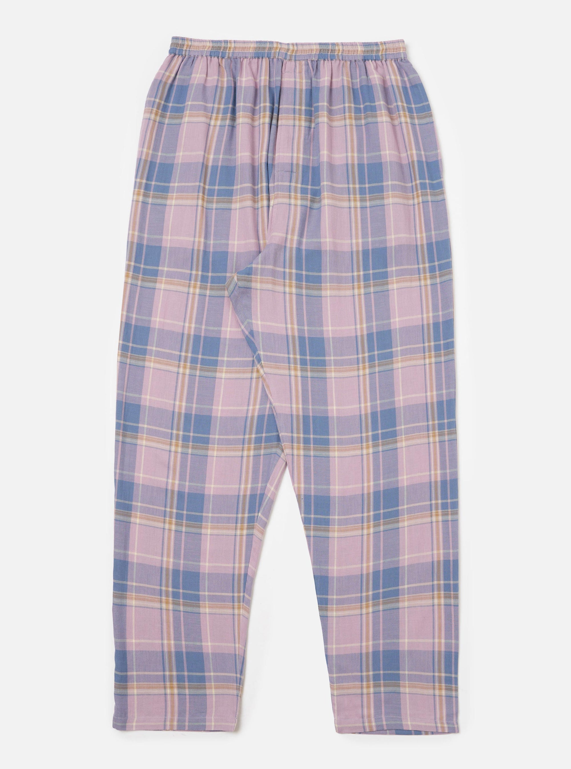 The Pink/Blue Pastel Plaid Pyjama Pant, laid flat on a white background. The pants have an elastic waist and a relaxed fit.