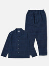 The Indigo Plaid Long Pyjama Set is laid out on a white background. The set is a dark blue plaid with long sleeves and pants.