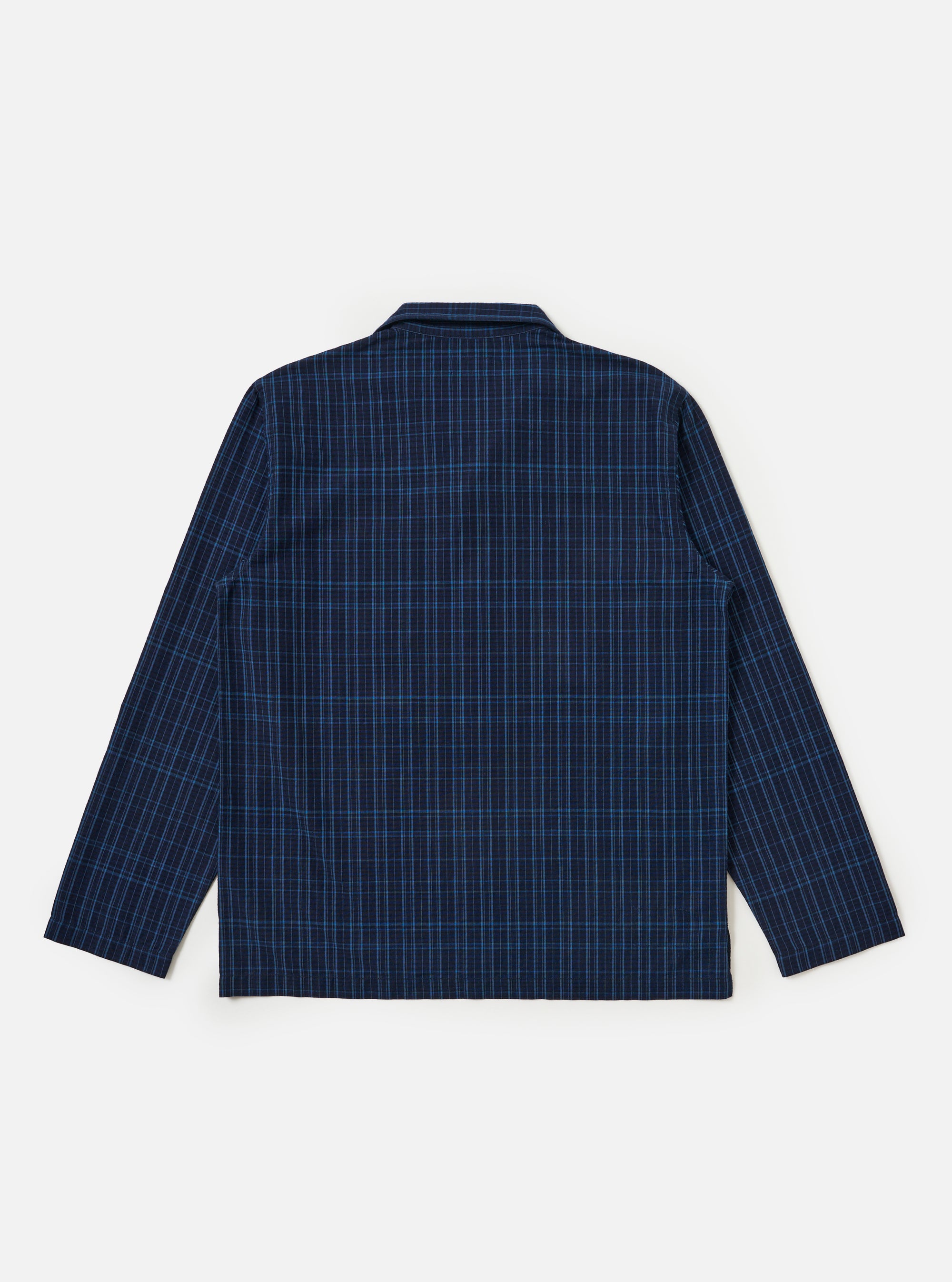 The back of an Indigo Plaid Long Pyjama Set is displayed on a white background. The set features a blue and black plaid pattern.