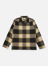 Flat lay of the Black/Sand Brushed Big Check Long Pyjama Set top on a white background. The brushed cotton shirt features a black, sand, and yellow check pattern.