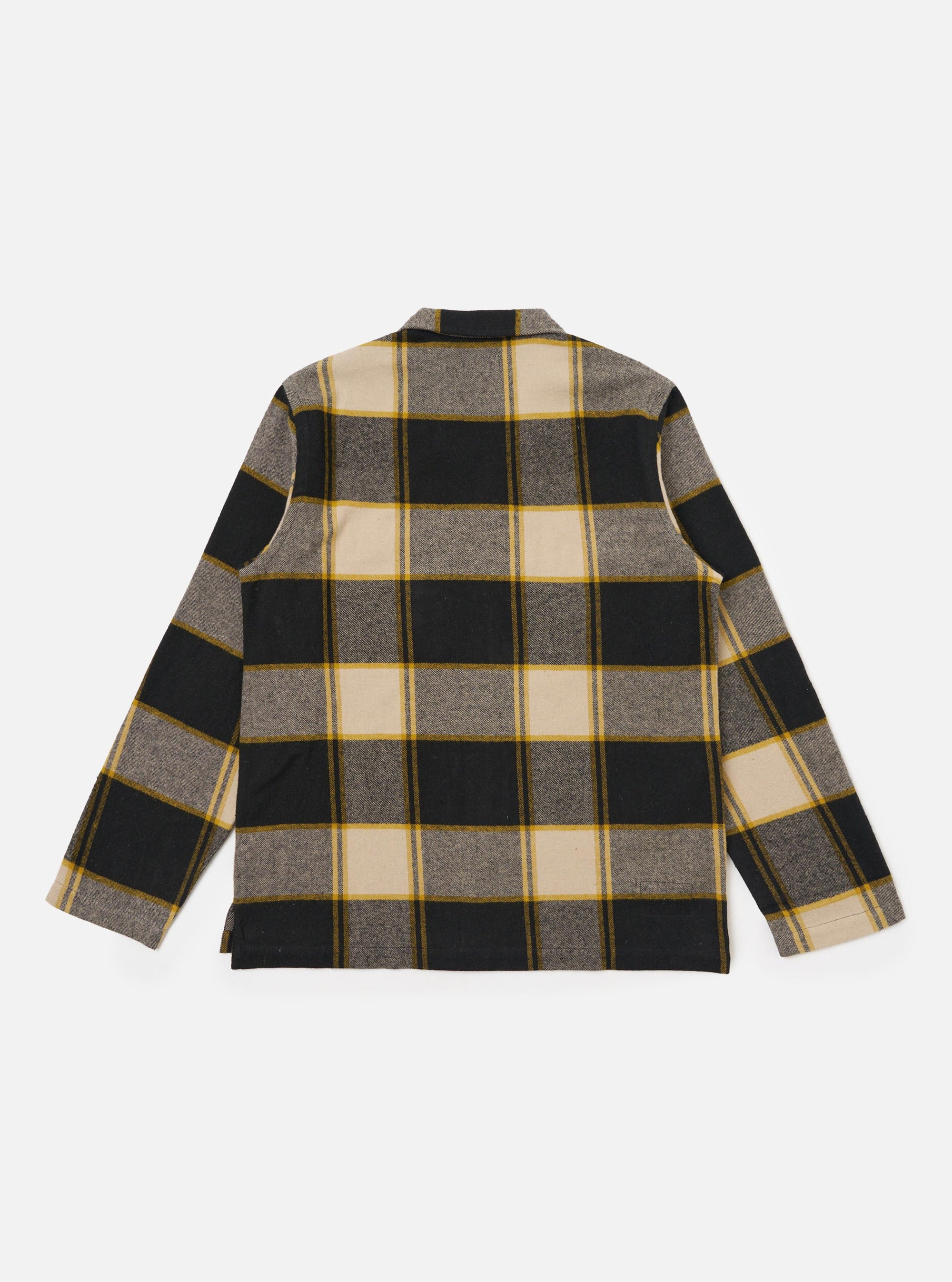 Back view of the Black/Sand Brushed Big Check Long Pyjama Set top on a white background. The brushed fabric features a large black, sand, and yellow check pattern.