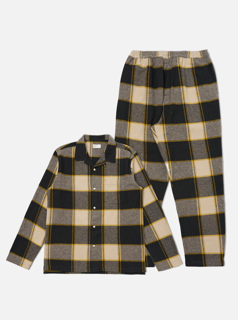 The Black/Sand Brushed Big Check Long Pyjama Set is laid out on a white background. The set features a black, sand, and brushed check pattern.
