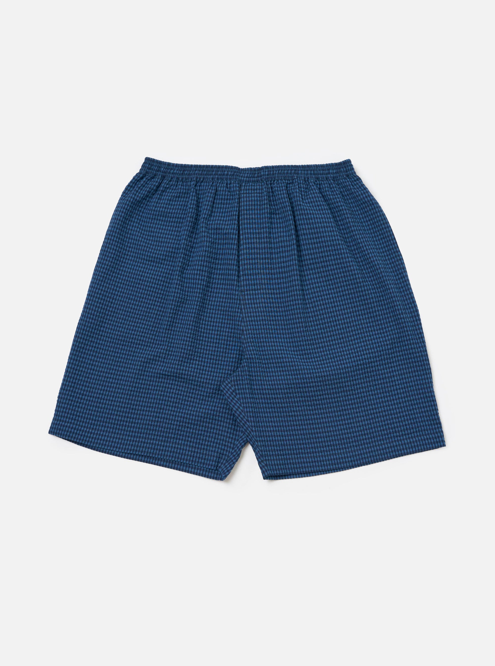 Close-up of the Blue Gingham Seersucker Pyjama Short, showcasing its elastic waistband and lightweight fabric on a clean white background.
