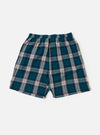 The Forest Brushed Plaid Pyjama Short on a white background. The shorts are teal, navy, and white plaid with an elastic waistband.