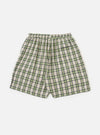 The Green Busy Plaid Short Pyjama Set on a white background. The shorts are green, white, and black plaid with an elastic waistband.