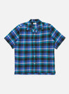 The Blue Night Check Short Pyjama Set shirt on a white background. The shirt is blue, black, and green plaid with short sleeves.