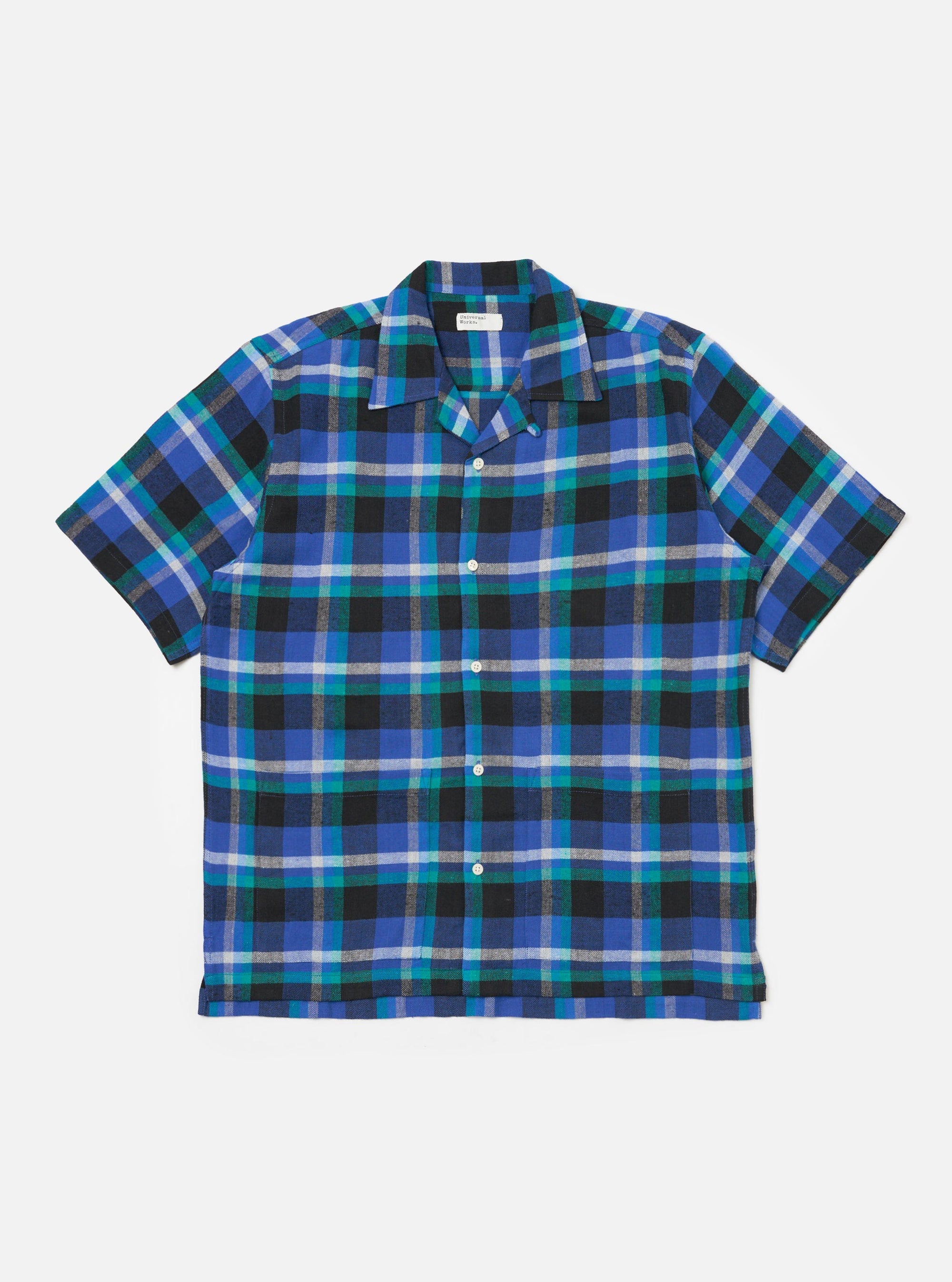 The Blue Night Check Short Pyjama Set shirt on a white background. The shirt is blue, black, and green plaid with short sleeves.
