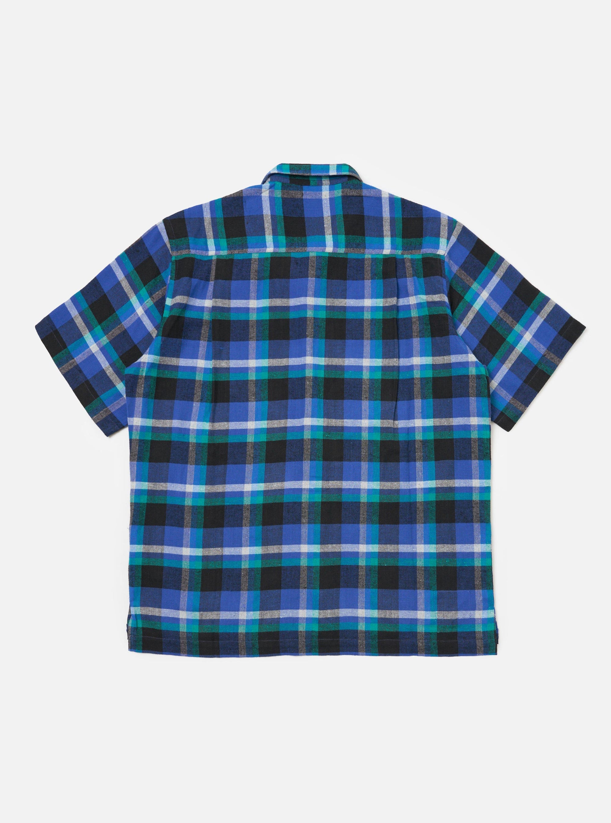 Close-up of the Blue Night Check Short Pyjama Set top, featuring a blue, black, and teal plaid pattern. The shirt is on a white background.