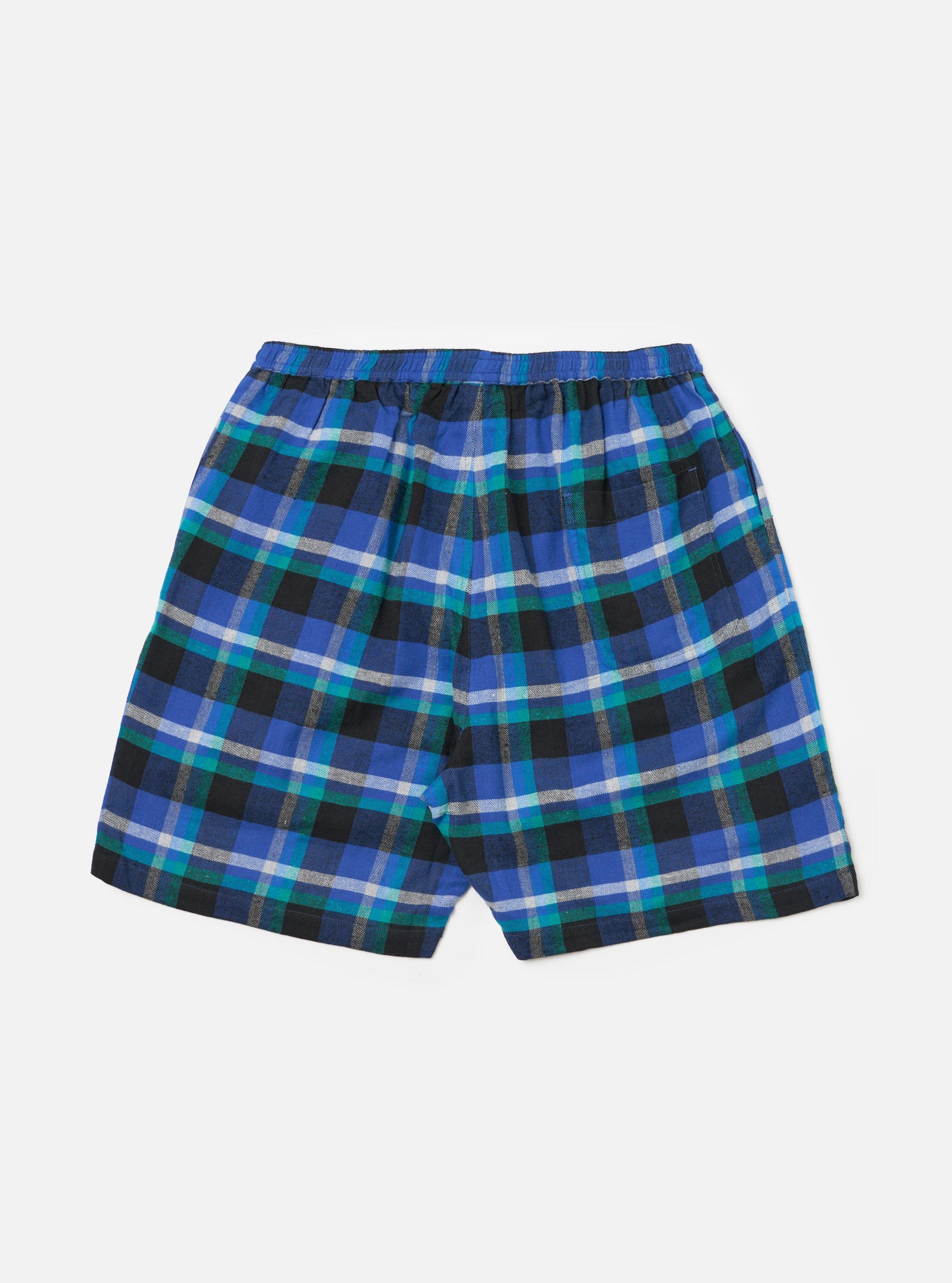 Close-up of the Blue Night Check Short Pyjama Set. The blue, black, and white checked shorts are on a white background.