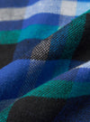Close-up of the Blue Night Check Short Pyjama Set fabric. Features a blue, green, black and white check pattern. The material is folded and textured.