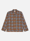 The Brown Ikat Twill Check Long Pyjama Set top, laid flat on a white background. The top is brown with a black, white, and red check pattern.