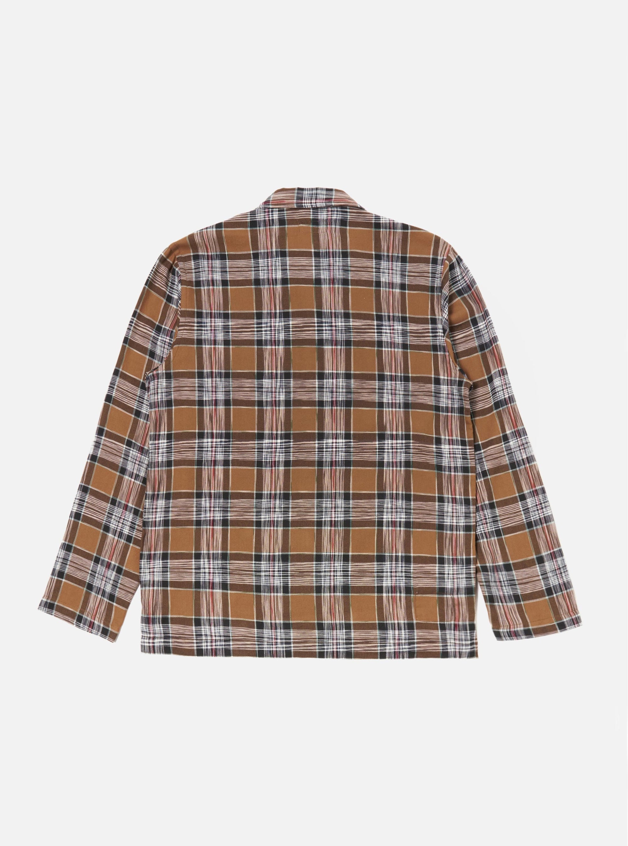 Back view of the Brown Ikat Twill Check Long Pyjama Set. The brown, black, white, and red checked pattern is on a white background.