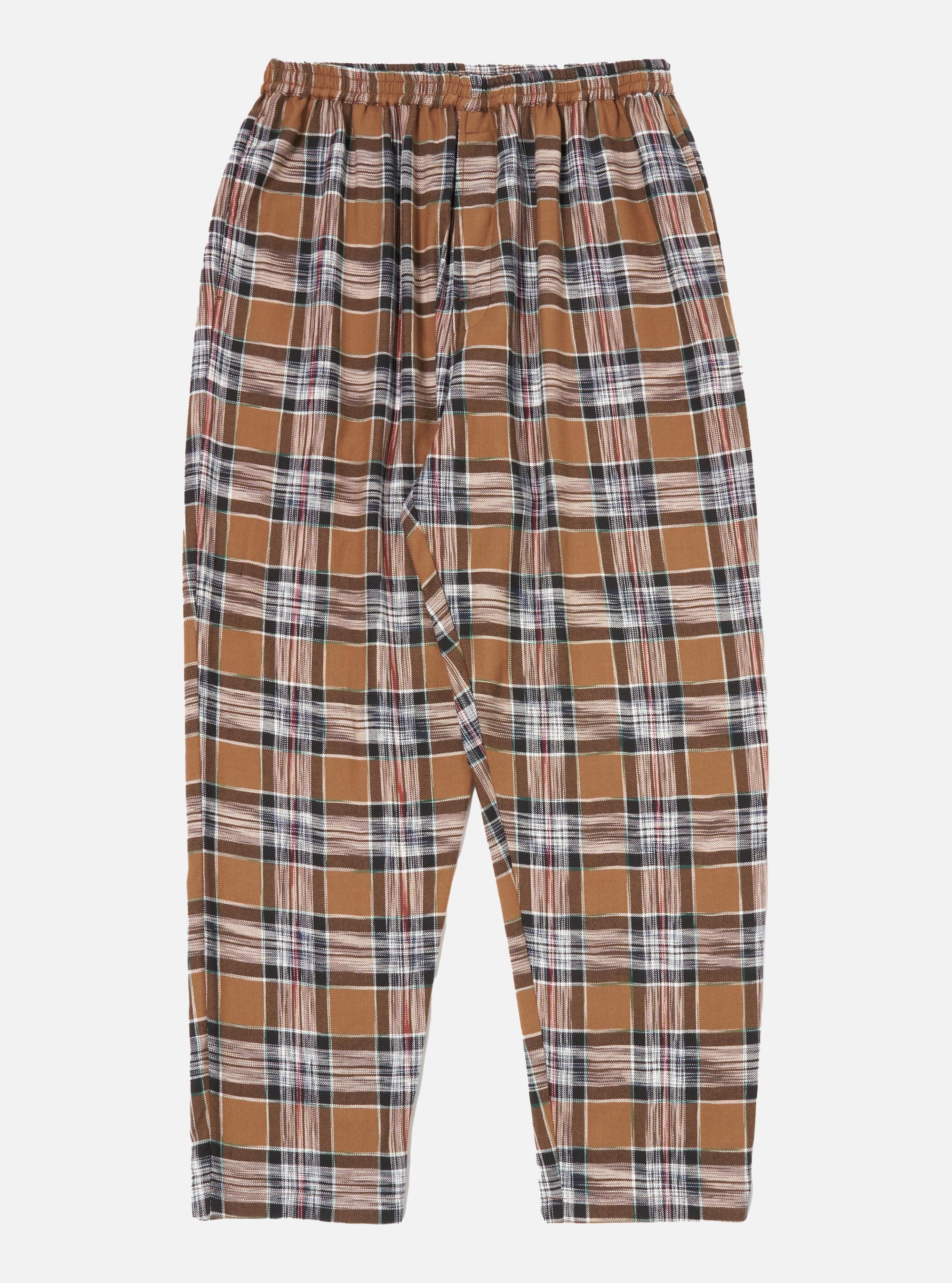 Close-up of the Brown Ikat Twill Check Long Pyjama Set. The brown, black, white, and red plaid pants are on a white background.