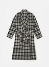 The Black Twill Check Long Dressing Gown is laid flat on a white background. The gown is black and white check with a tie waist.