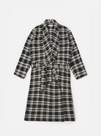 The Black Twill Check Long Dressing Gown is laid flat on a white background. The gown is black and white check with a tie waist.