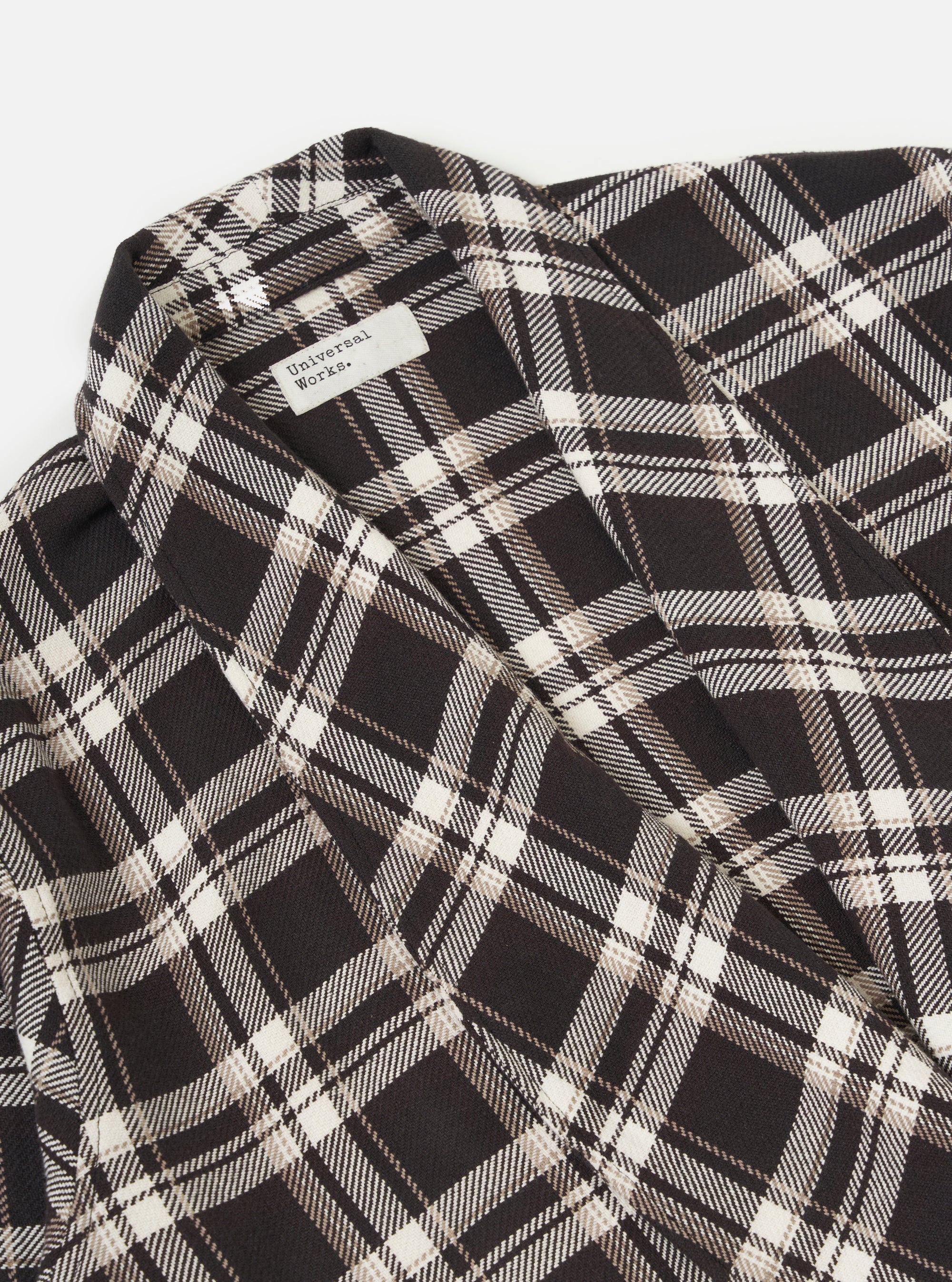 Close-up of the Black Twill Check Long Dressing Gown on a white background. The fabric is a black twill with a white and tan check pattern.