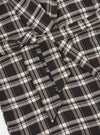 Close-up of the Black Twill Check Long Dressing Gown. The fabric is a black and white twill check. The gown is laid flat on a white surface.