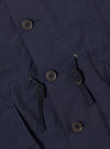 The Navy Seo Recycled Nylon Boston Parka is displayed from the back as a flat lay against a plain white background. The image highlights the garment's oversized silhouette, the large adjustable hood, and a prominent inverted box pleat at the center back. The dark navy recycled nylon fabric appears lightweight with a crisp, technical finish and visible seam details.