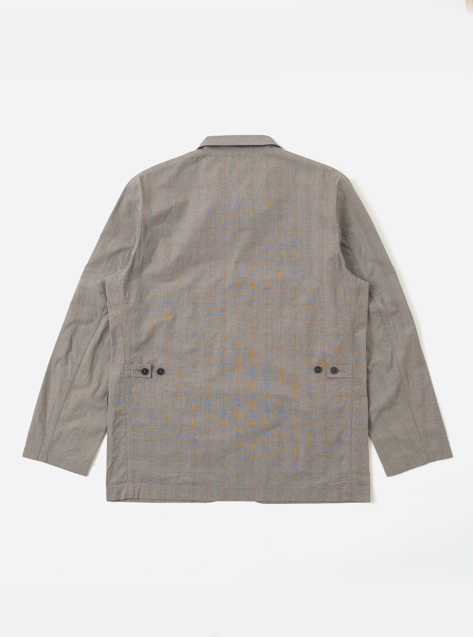 The Grey Brown Wales Glen Check Barra Jacket is shown from the back as a flat lay against a white background. The jacket features a center back vent, button-adjustable side tabs at the waist, and a visible glen check pattern in grey and brown. The sleeves are laid flat to the sides, and
