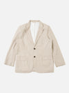 The Brown Kennedy Stripe Boston Blazer is presented as a flat lay against a plain white background. The blazer features a three-button front closure, a notch lapel, and three front patch pockets. The fabric is a cotton material with a prominent vertical pinstripe pattern in brown and white.