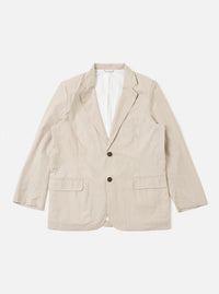 The Brown Kennedy Stripe Boston Blazer is presented as a flat lay against a plain white background. The blazer features a three-button front closure, a notch lapel, and three front patch pockets. The fabric is a cotton material with a prominent vertical pinstripe pattern in brown and white.