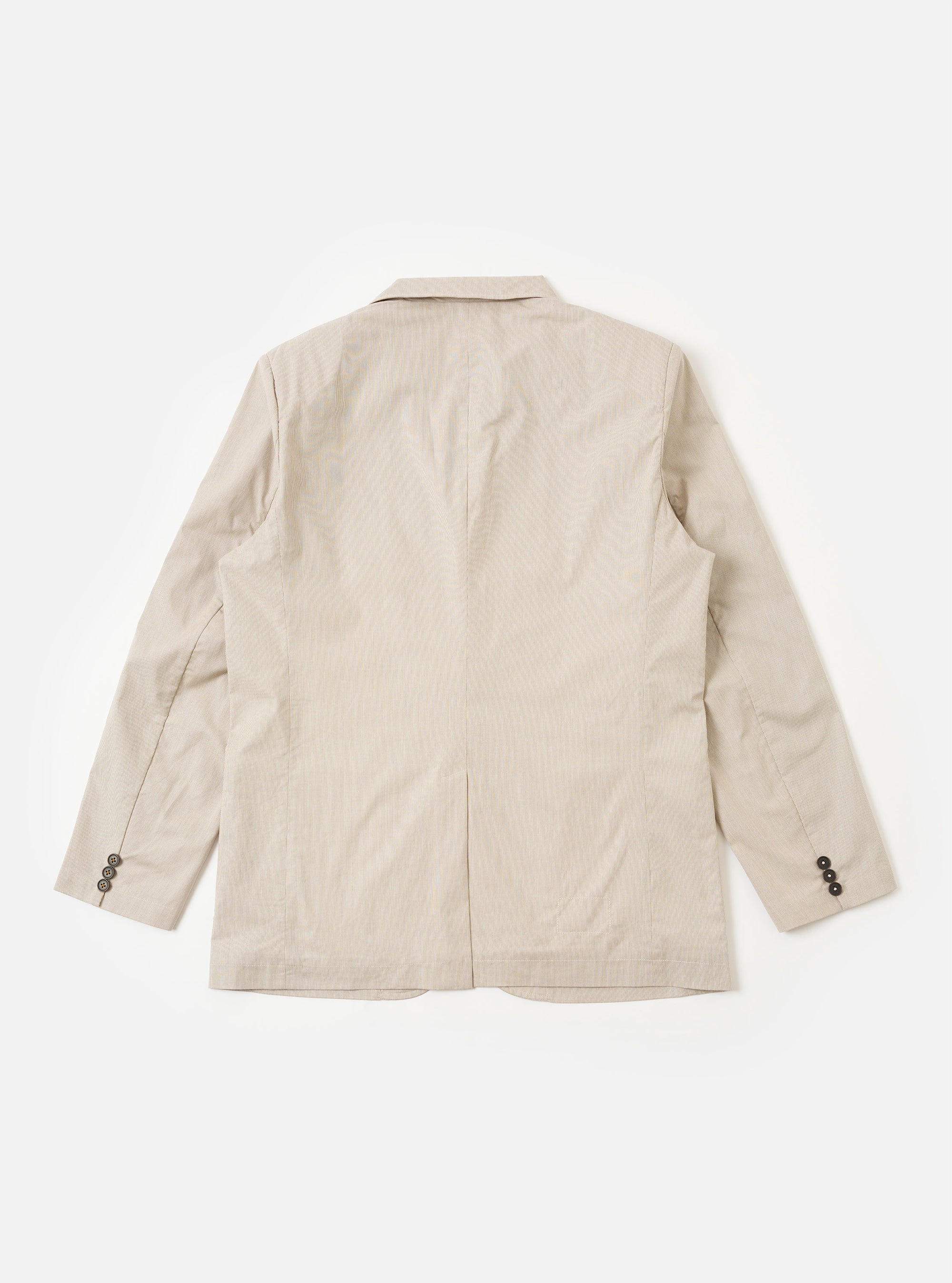 The Brown Kennedy Stripe Boston Blazer is shown from the back as a flat lay against a plain white background. The blazer features a clean, structured back with vertical seams and a straight hem. The cotton fabric displays a distinct brown and cream vertical Kennedy stripe pattern throughout.