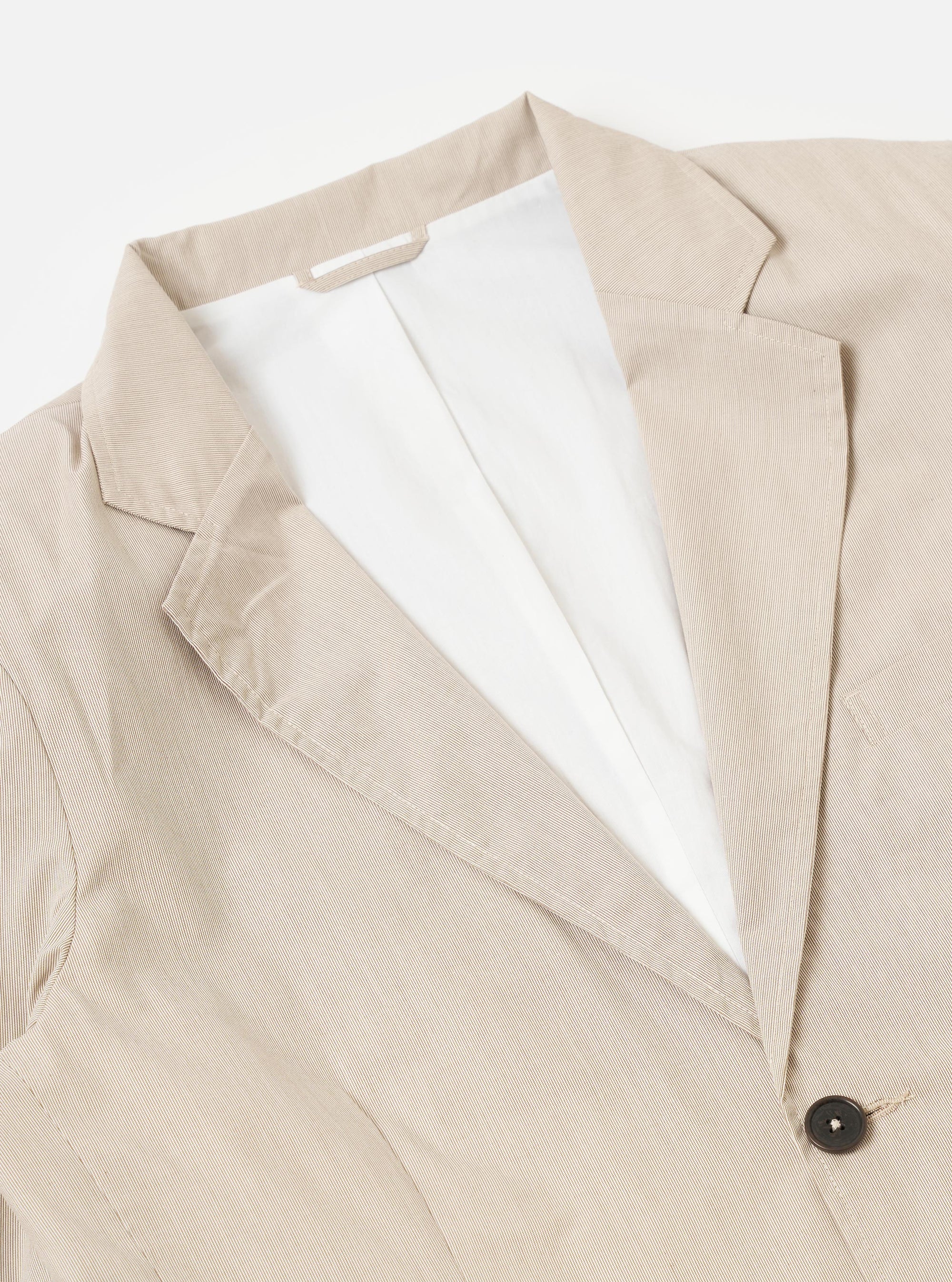 The Brown Kennedy Stripe Boston Blazer is shown from the back as a flat lay against a plain white background. The image highlights the vertical brown and white Kennedy stripe pattern, a central vent at the hem, and the clean construction of the shoulders and sleeves.