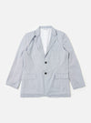 The Navy Kennedy Stripe Boston Blazer is shown as a flat lay against a plain white background. This two-button jacket features a subtle vertical pinstripe pattern on a navy blue base. The garment is designed with a notched lapel, two hip flap pockets, and a single welt pocket on the chest. The structured shoulders and buttoned cuffs are clearly visible.