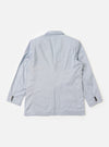 The Navy Kennedy Stripe Boston Blazer is shown from the back as a flat lay against a plain white background. The image highlights the clean lines of the blazer's rear construction, the vertical pinstripe pattern, and a single vent at the hem. The fabric is a navy blue cotton with thin, light-colored stripes.