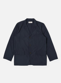 The Navy Recycled Polytech Capitol Jacket is shown as a flat lay against a plain white background. The jacket features a notched lapel, a three-button front closure, a single chest pocket, and two large patch pockets at the waist. The fabric is a deep navy blue with a smooth finish.