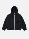 The Navy Cotton Recycled Nylon Mix Daley Jacket is shown as a flat lay against a white background. The jacket features a full-zip front, a drawstring hood, and two large slanted front pockets. The fabric has a smooth, matte finish.