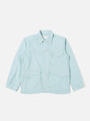 The Aqua Organic Fine Cord Duty Jacket is shown as a flat lay against a plain white background. The jacket features a four-button front closure, three large patch pockets, and a smaller ticket pocket on the chest. The fine corduroy fabric is a light aqua blue color.