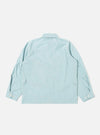The Aqua Organic Fine Cord Duty Jacket is shown from the back as a flat lay against a plain white background. The image highlights the clean construction of the jacket, featuring a straight hem, a central seam, and a simple collar. The fine corduroy texture is visible across the light blue fabric.