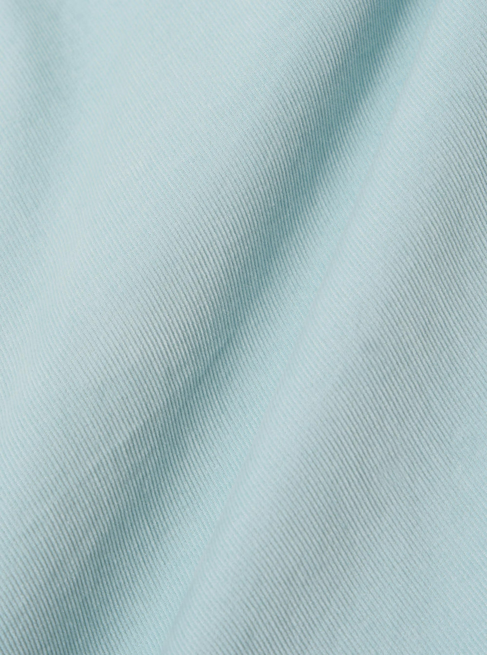 A close-up swatch image of the Aqua Organic Fine Cord Duty Jacket fabric shows the fine-ribbed corduroy texture in a bright aqua blue color. The image focuses on the detail of the organic cotton material, highlighting the consistent vertical lines of the cord.