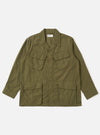 The Olive Recycled Polytech Jungle Jacket is shown as a flat lay against a plain white background. The jacket features a concealed button front placket and four large, 3D pleated pockets with concealed button-down flaps on the front. It has a structured collar and adjustable cuffs.