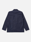 The Navy Peached Poplin Osaka Work Jacket is shown from the back as a flat lay against a plain white background. The image highlights the smooth texture of the navy blue cotton poplin fabric, a straight hem, and the simple construction of the garment's rear panel.