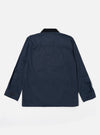 The Navy Recycled Polytech Parachute Field Jacket is shown from the back as a flat lay against a plain white background. The image highlights the smooth, dark navy technical fabric, the contrasting dark corduroy collar, and the adjustable drawcord visible at the straight hem. The long sleeves feature adjustable button cuffs.