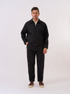 The Black Recycled Polytech Rose Bowl Jacket is shown as a flat lay against a white background. The jacket features a full-length two-way zipper, a classic collar, a single chest patch pocket, and two lower welt pockets. The black technical fabric has a smooth finish, and the garment is finished with buttoned cuffs and an adjustable back hem.