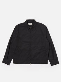 The Black Recycled Polytech Rose Bowl Jacket is shown as a flat lay against a white background. The jacket features a boxy silhouette, a zip-front closure, and an oversized collar. It has one large patch pocket on the chest and two welt pockets at the waist. The fabric is a smooth, black recycled polytech material.