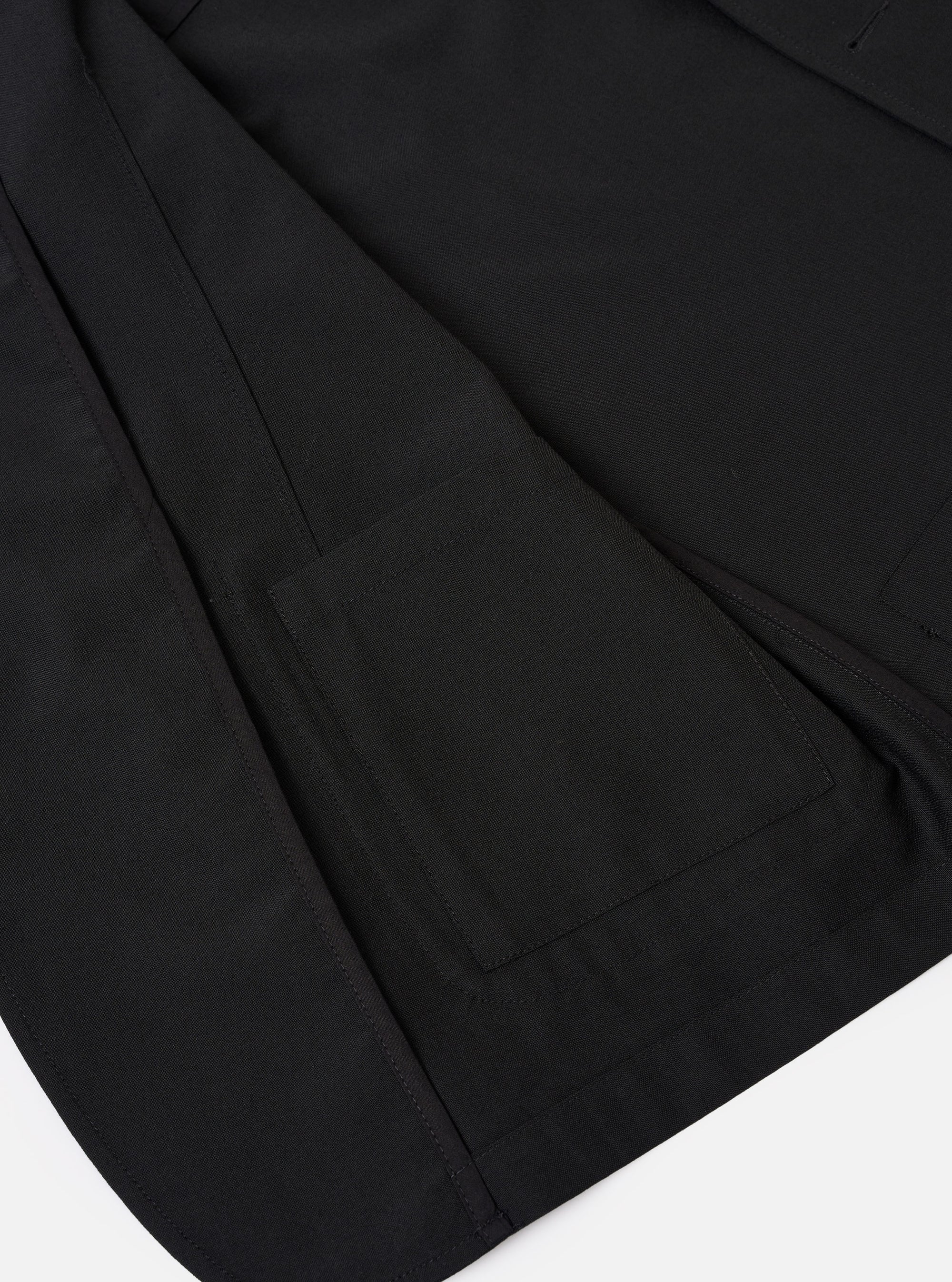 The Black Tropical Suiting Two Button Jacket is shown in a detail view as a flat lay against a plain white background. The image highlights the smooth texture of the black wool-blend fabric, focusing on the two-button front closure and the structured lapels.