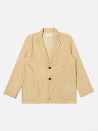 The Sand Organic Fine Cord Two Button Jacket is displayed as a flat lay against a plain white background. The jacket features a two-button front closure, a long and wide notched lapel, one chest patch pocket, and two larger patch pockets at the waist. The fine-wale organic cotton corduroy fabric has a visible vertical ribbed texture in a light sand color.