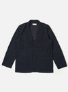 The Dark Navy Ospina Cotton Two Button Jacket is shown as a flat lay against a white background. The jacket features a two-button front closure, a long and wide lapel, two lower patch pockets, and a single chest patch pocket. The fabric has a visible puckered seersucker texture.
