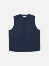 The Navy Recycled Polytech City Waistcoat is presented as a flat lay against a plain white background. The garment features a V-neckline, a five-button front closure, and three patch pockets, with one at the chest and two at the waist. The material is a smooth, dark navy recycled polytech fabric.
